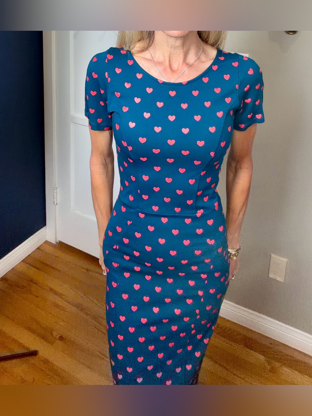 Unique Vintage Teal Heart-Print short sleeve bodycon dress,S, EUC - Picture 5 of 12